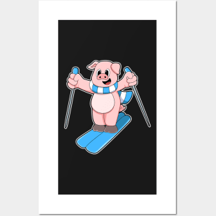 Pig as Skier with Ski Scarf & Ski poles Posters and Art